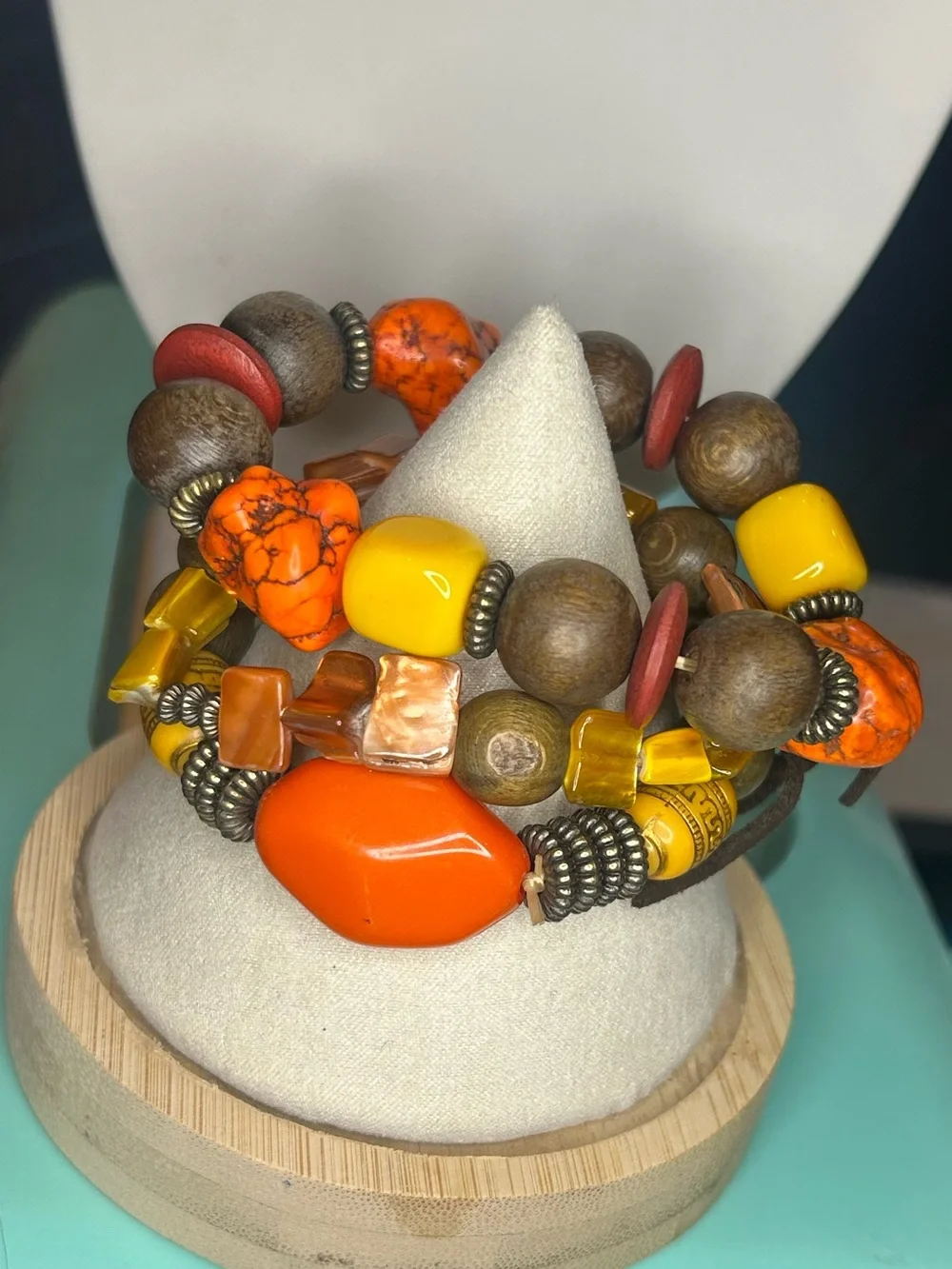 Boho Earth Tone Eclectic Mixed Bead 3-Piece Bracelet Set Orange Brown Yellow